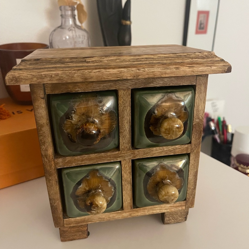 Wooden Miniature Drawer Set with Green Stone or Ceramic Knobs